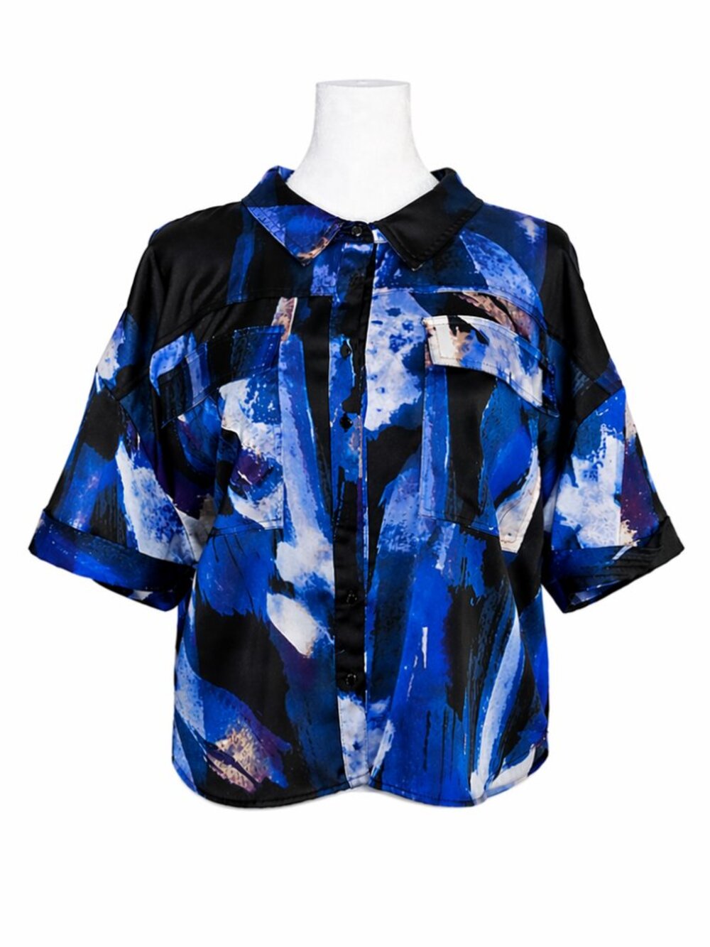 DKNY Abstract Blue Button Up Blouse XL Artistic Print Collared Shirt